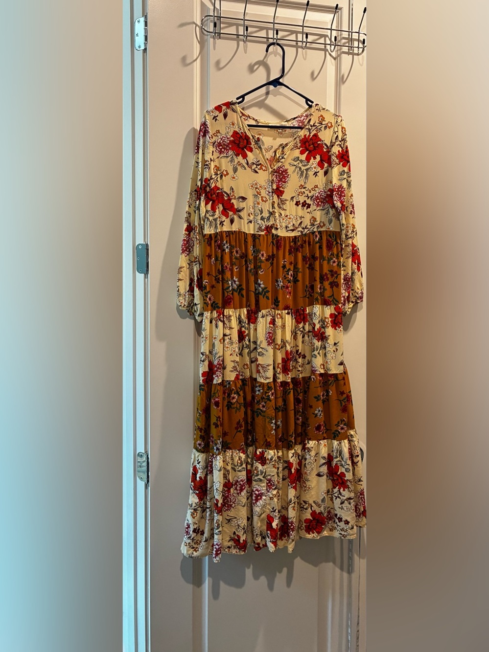 Brass & Roe Floral Tiered Long Sleeve Maxi Dress - Cream & Mustard Medium